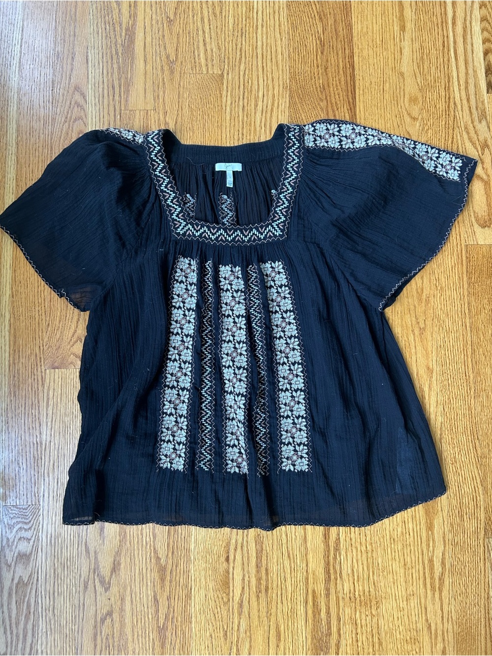 Joie Black Peasant Blouse with Cream Embroidery